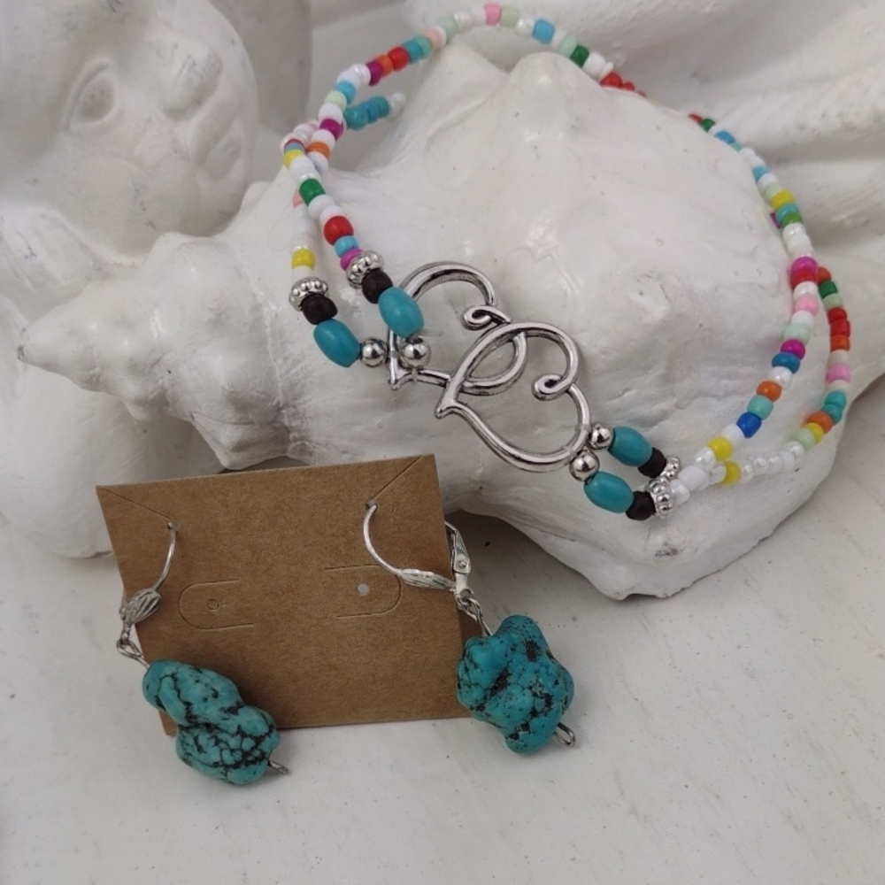 🌻3 For $15 Turquoise Bead Heart Anklet & Rustic Turquoise Tone Earrings Set